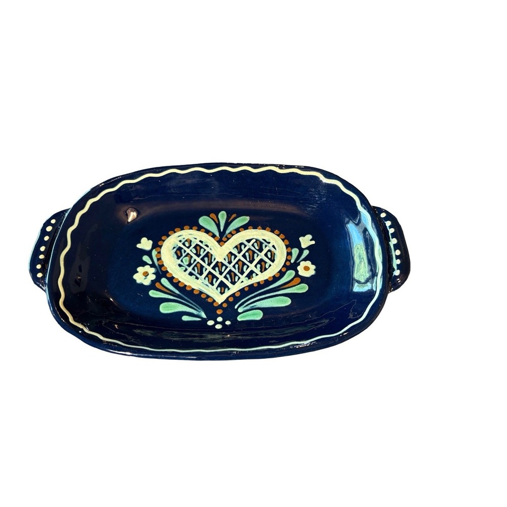 Vintage Studio Art Pottery Hand-painted Heart Floral Tray 9"L x 5.25"W Cottage
